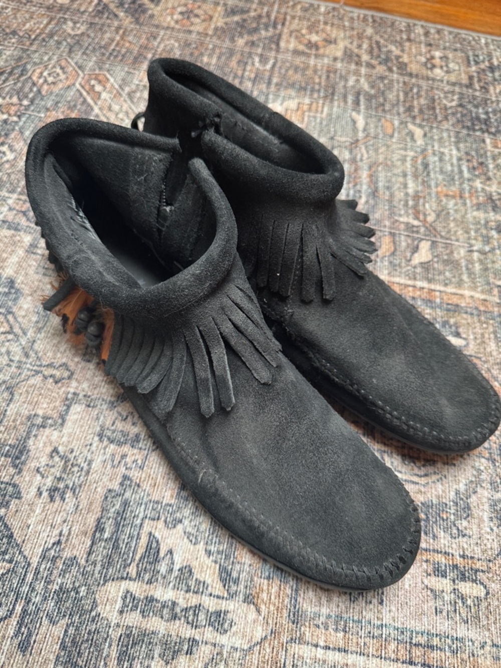 Minnetonka Black Suede Fringe Moccasins for Women